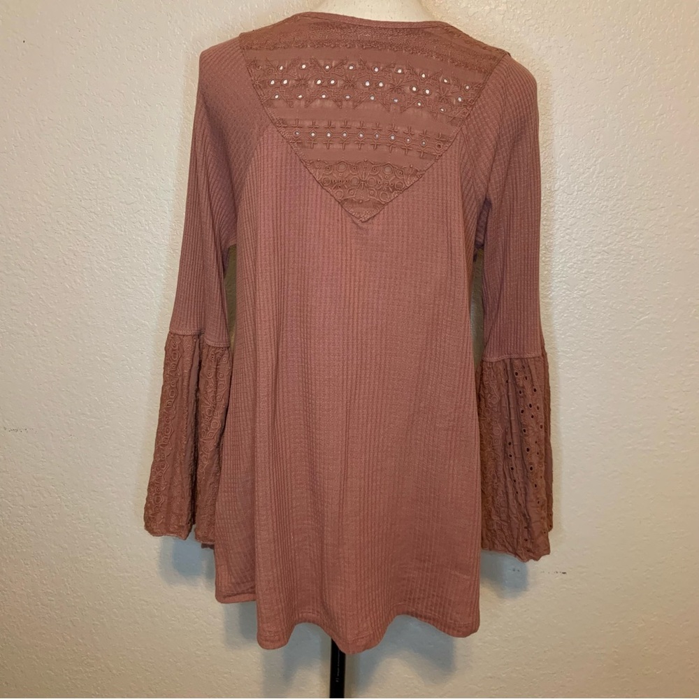 Free People Parisian Nights Long Bell Sleeve Eyelet Top Rose Brown Size Medium - Picture 9 of 15
